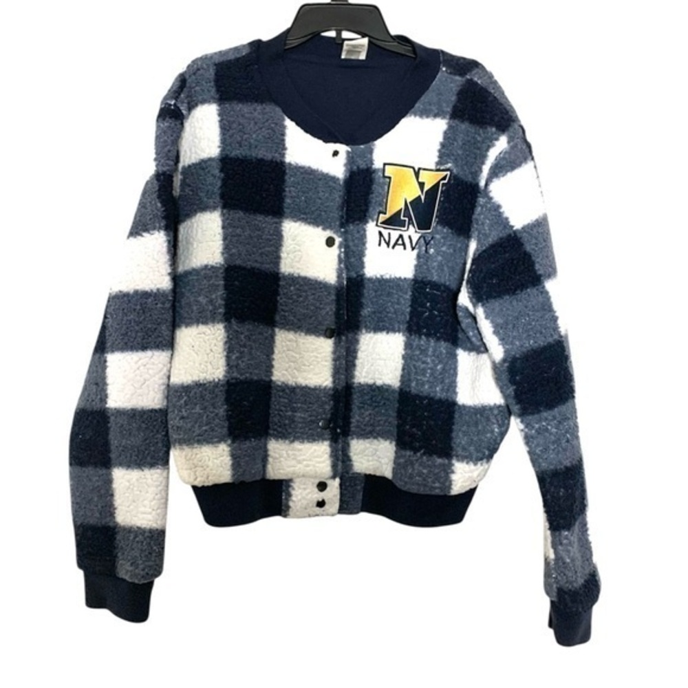 PINK Victoria's Secret 5 & Ocean Navy United Atares Sherpa Jacket Plaid White L